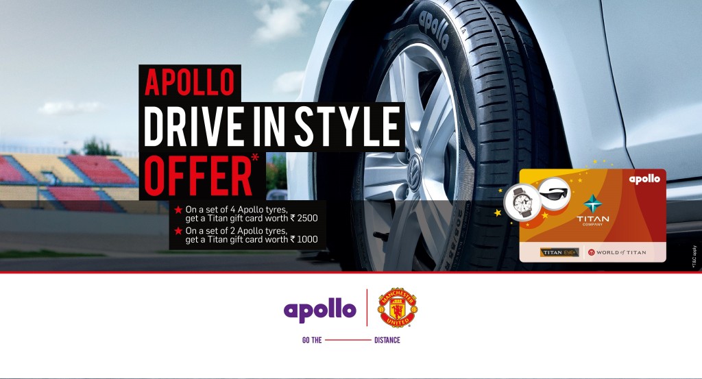 Drive in Style. On a set of 4 apollo tyres get Titan gift card worth Rs.2500/- Free
